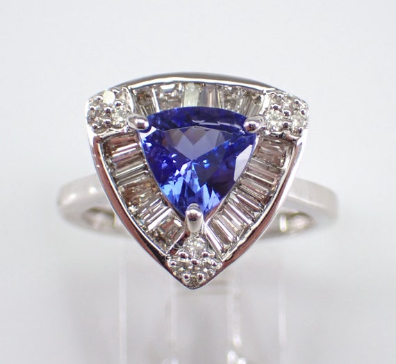 14K White Gold Tanzanite Engagement Ring - Triangular Baguette Diamond Halo Setting - Trillion Gemstone Right Hand Band