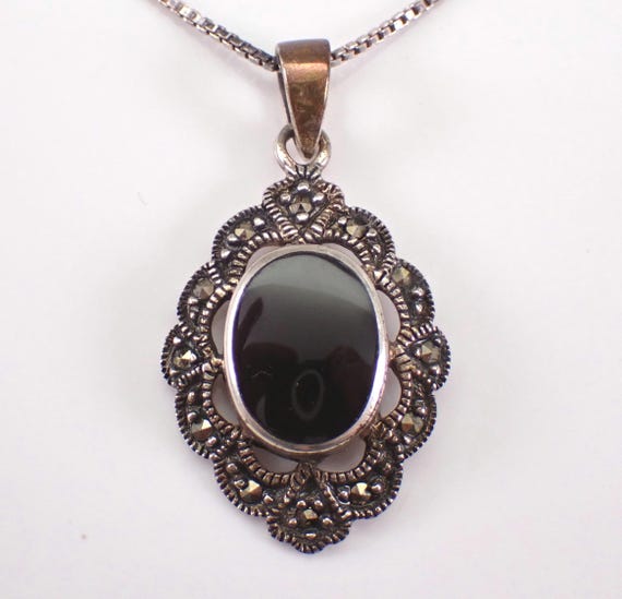 Vintage Sterling Silver Marcasite and Onyx Necklace: Estate Pendant Charm and Chain