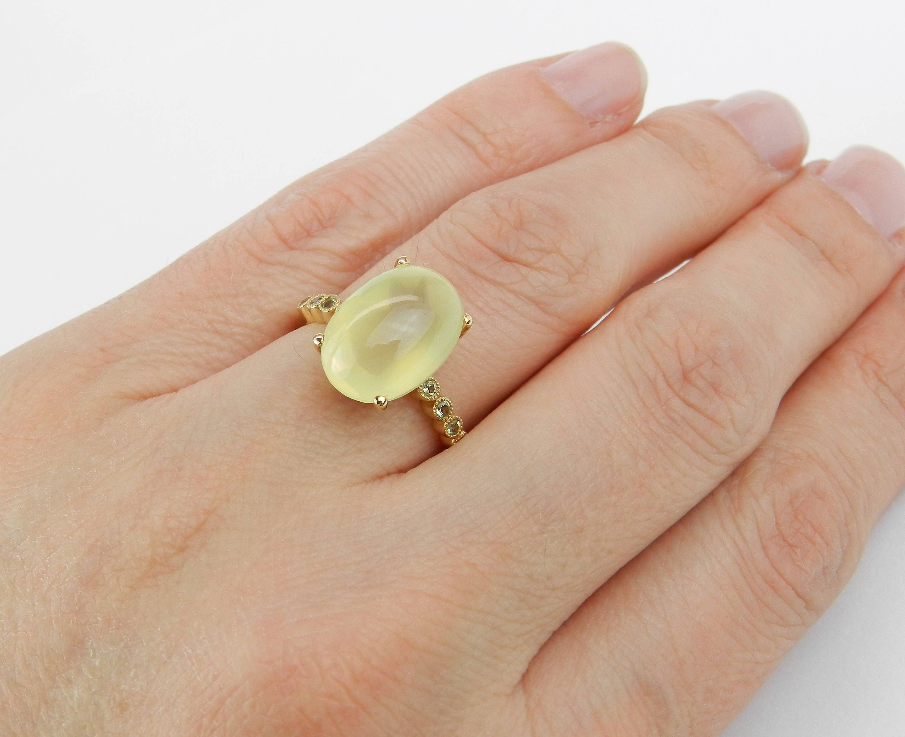 Diamond Lemon Quartz Peridot Unique Engagement Ring 14K Yellow Gold Size 7