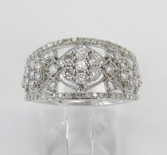 White Gold Diamond Anniversary Band - Flower Cluster Wedding Ring - Unique Cocktail Fine Jewelry Gift