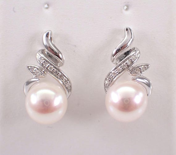 Pearl and Diamond Drop Earrings - 14K White Gold Fine Jewelry Wedding Gift - June Birthstone Gemstone