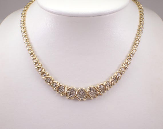 Vintage 14K Yellow Gold Diamond Necklace - Estate Chunky Tennis Choker - Graduated Cluster X Setting