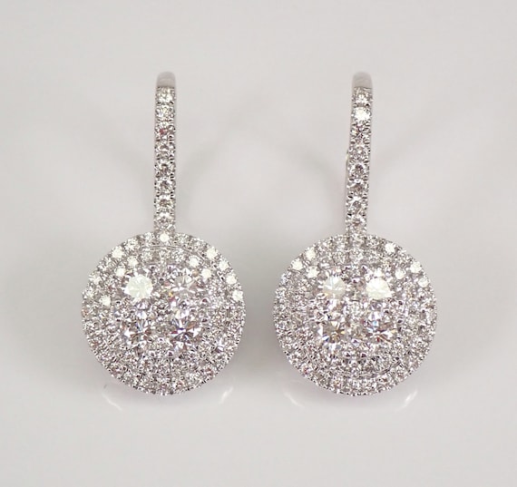 Large Diamond Cluster Earrings - 18K White Gold Fine Jewelry - 2 ct Round Halo Drop Earrings - Secure Leverback Clasp