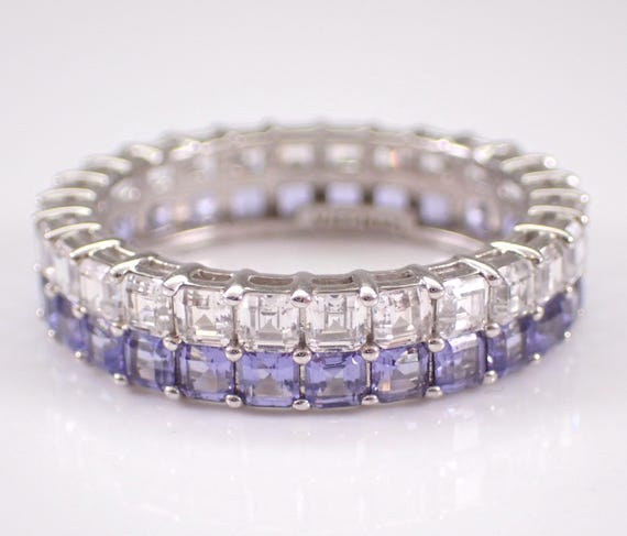 Tanzanite and Cubic Zirconia Eternity Ring, Square Princess Cut CZ Anniversary Band, Estate Eternity Bridal Jewelry Gift