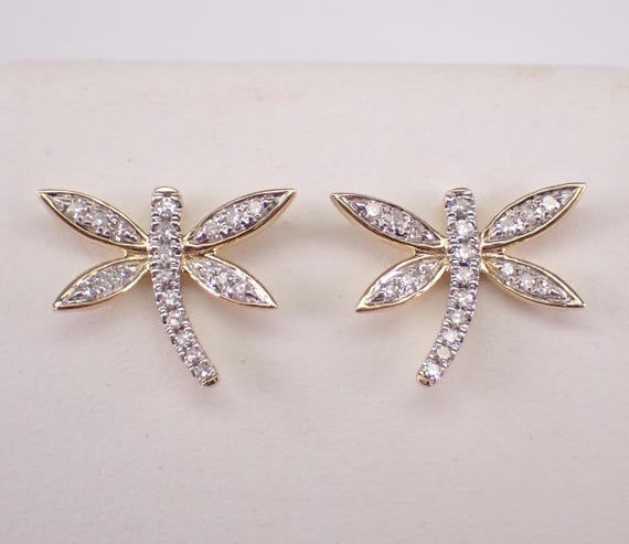 Yellow Gold Diamond Dragonfly Earrings: Dainty Dragon Fly Studs
