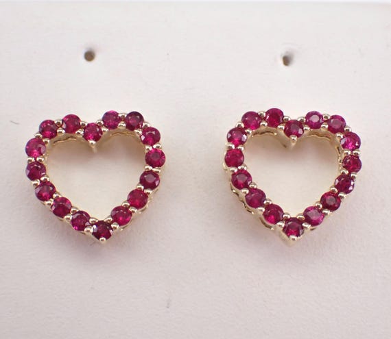 Yellow Gold Ruby Heart Earrings - Dainty Gemstone Screwback Studs - Small Birthday Fine Jewelry Gift