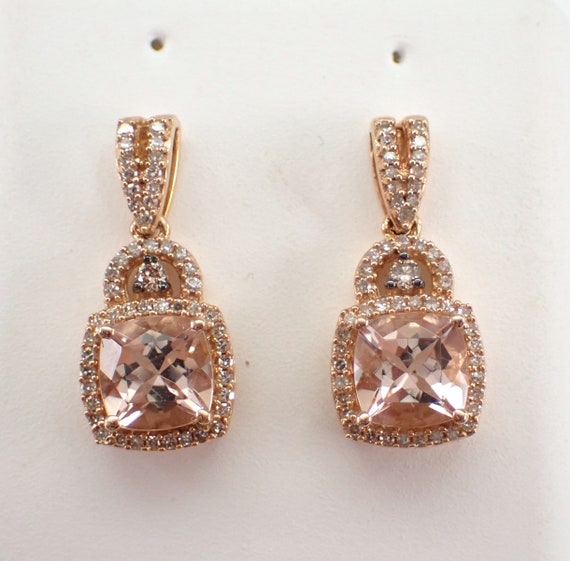 Cushion Cut Morganite and Diamond Earrings - Rose Gold Dangle Drop Setting - Pink Gemstone Fine Jewelry Gift