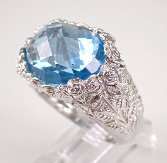 18K White Gold Blue Topaz Ring, Unique Gemstone Solitaire Engagement,  Flower Engraving Right Hand Jewelry Gift