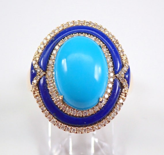 Genuine Turquoise and Lapis Ring - Solid 14k Yellow Gold Unique Gemstone -  Natural Diamond Halo Setting - Real Fine Jewelry