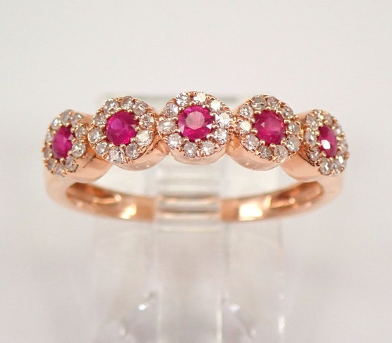 Ruby and Diamond Halo Wedding Ring - Solid 14K Rose Gold Stacking Anniversary Band - July Birthstone Gemstone Fine Jewelry