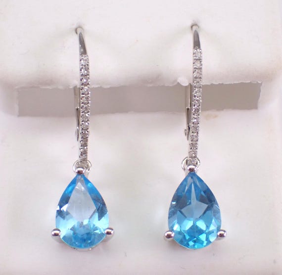 14K White Gold Blue Topaz Dangle Earrings, Diamond Teardrop Setting, December Birthstone Jewelry Gift