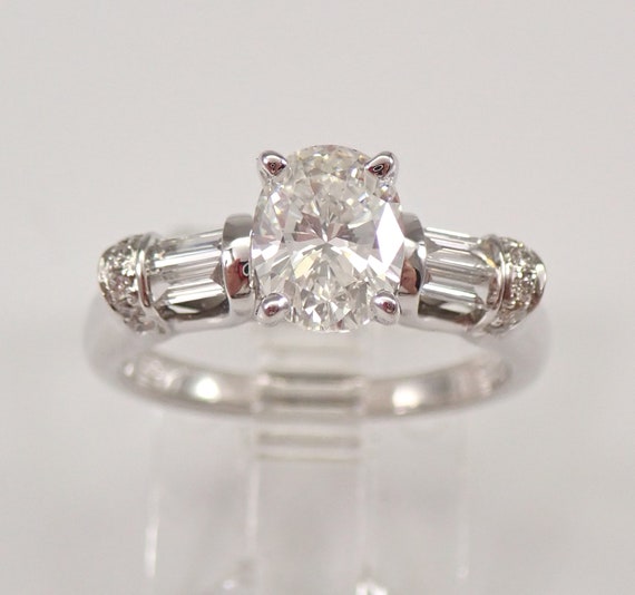 14K White Gold Diamond Engagement Ring - Oval Brilliant Bridal Wedding Gift - Baguette and Round Setting