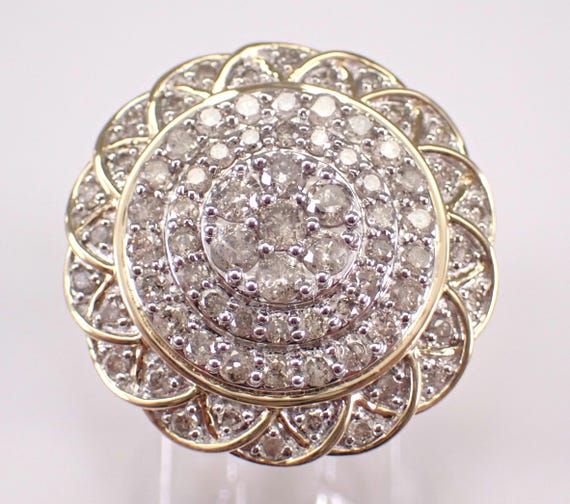 Yellow Gold Diamond Cluster Ring - Large Two Tone Anniversary Band - GalaxyGems Fine Jewelry Gift
