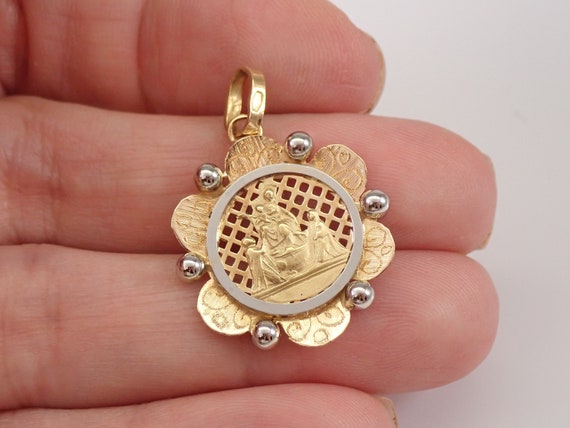 Vintage 18K Yellow Gold Our Lady of Pompeii Charm - Religious Miraculous Medal Pendant