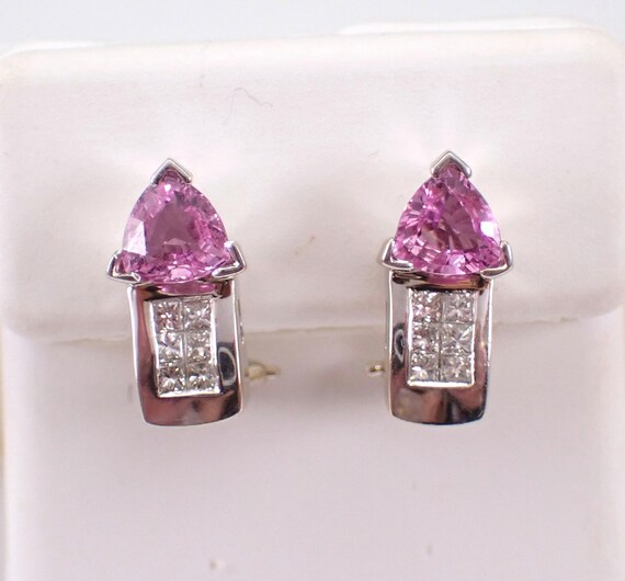 14K White Gold Pink Sapphire Earrings - Princess Cut Diamond Drops - Bridal Gemstone Fine Jewelry Gift