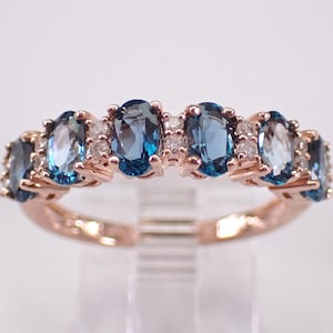 London Blue Topaz and Diamond Wedding Ring - Rose Gold Stackable Anniversary Band - Gemstone Fine Jewelry Gift