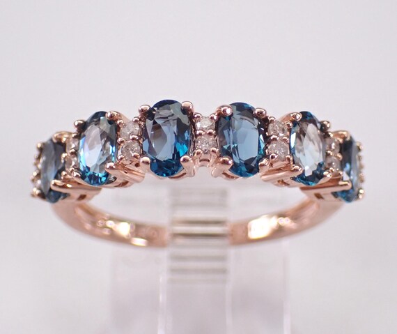 London Blue Topaz and Diamond Wedding Ring - Rose Gold Stackable Anniversary Band - Gemstone Fine Jewelry Gift