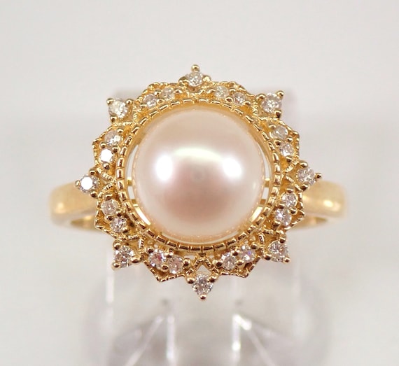 Pearl and Diamond Snowflake Ring, Solid 14k Yellow Gold Halo Setting, June Birthstone Gemstone Jewelry