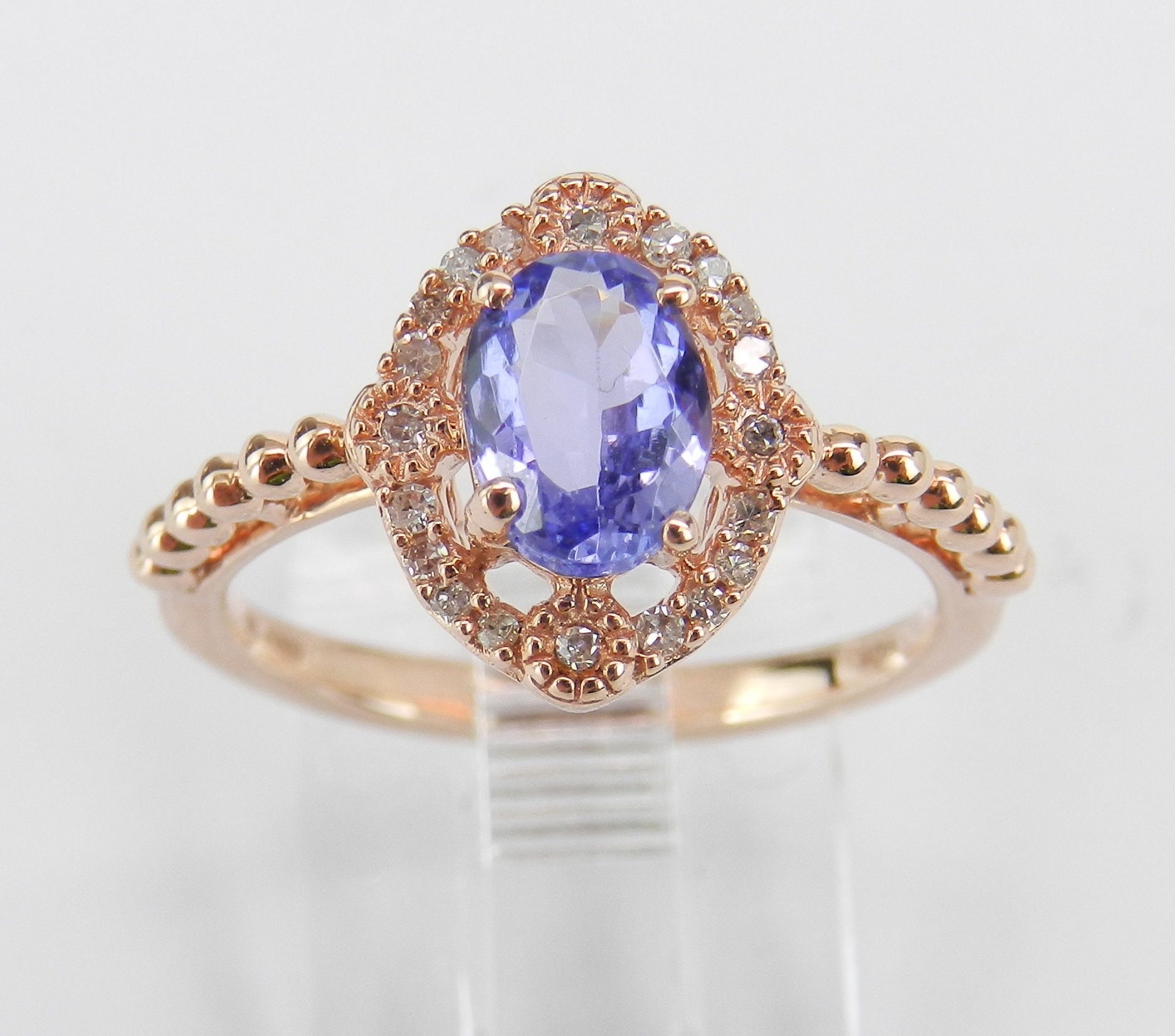 Diamond and Tanzanite Halo Engagement Ring Rose Pink Gold Size 6 Purple ...
