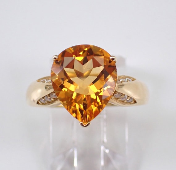 Teardrop Citrine and Diamond Ring - 14K Yellow Gold Bridal Engagement Jewelry - November Gemstone Gift