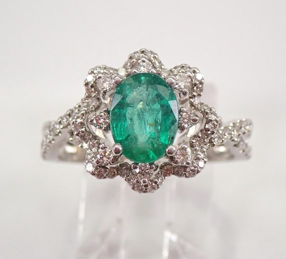 14K White Gold Emerald Ring - Diamond Halo Engagement Setting - May Birthstone Fine Jewelry Gift