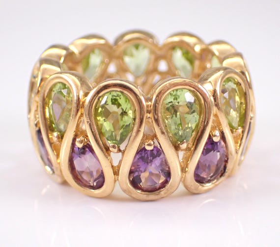 Amethyst and Peridot Eternity Ring, Vintage Sterling Silver Gold Plated Fine Jewelry, Chunky Gemstone Unique Gift