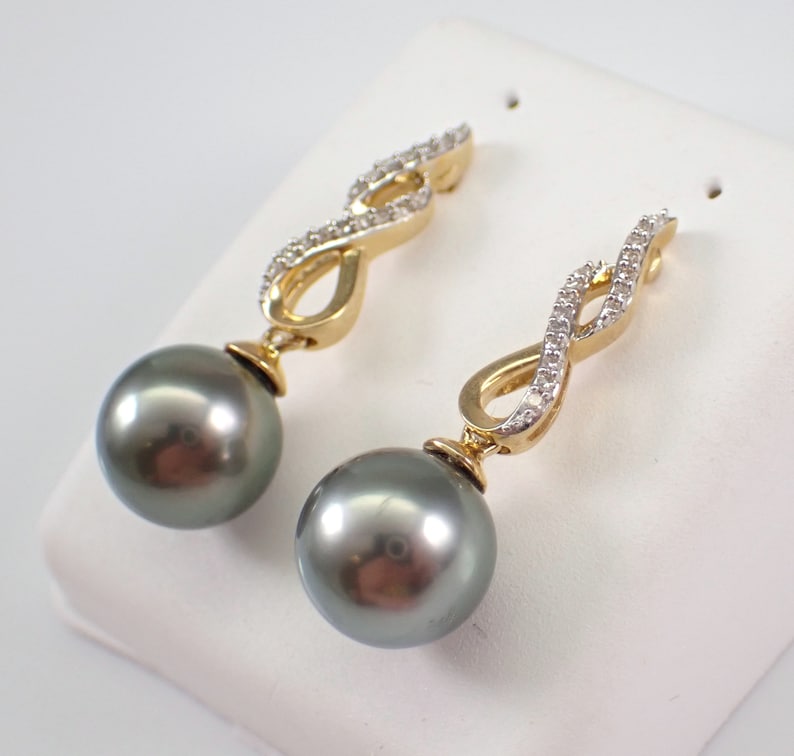 Black Tahitian Pearl Earrings Diamond Dangle Drop Setting 14K Yellow Gold Fine Jewelry Gift June Birthstone Gemstone image 3