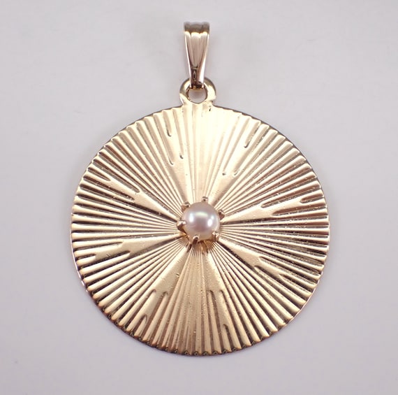 Vintage 14K Yellow Gold Pearl Pendant - Round Gemstone Disk Charm - Estate Fine Jewelry Gift