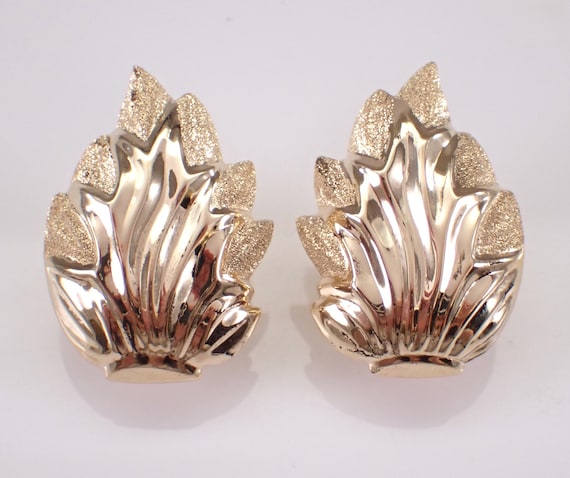 Vintage 14K Yellow Gold Earrings - Large Flame Torch Light Shape Design - Secure Omega Clip Clasps