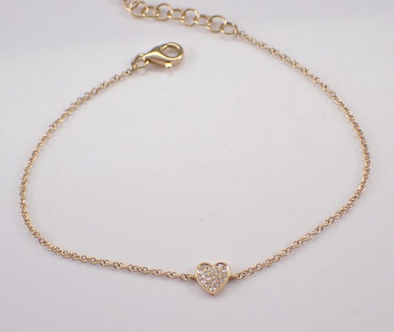 14K Yellow Gold Diamond Heart Bracelet: Dainty Charm Station Chain Link
