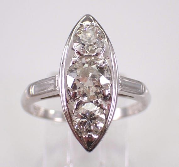 Antique 14K White Gold Old Miner Diamond Ring: Vintage Elongated Three Stone Band