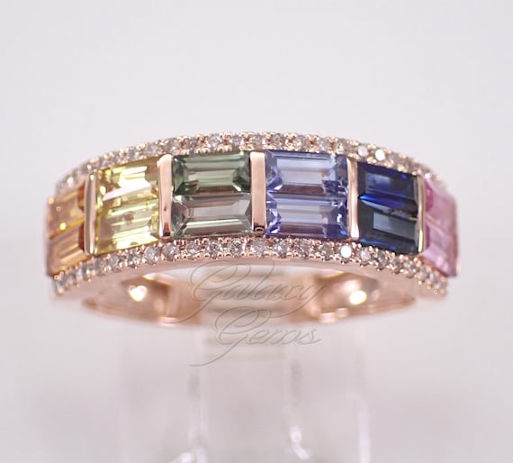 Multi Color Sapphire and Diamond Band - 14K Rose Gold Stackable Wedding Ring - Colorful Anniversary Fine Jewelry Gift