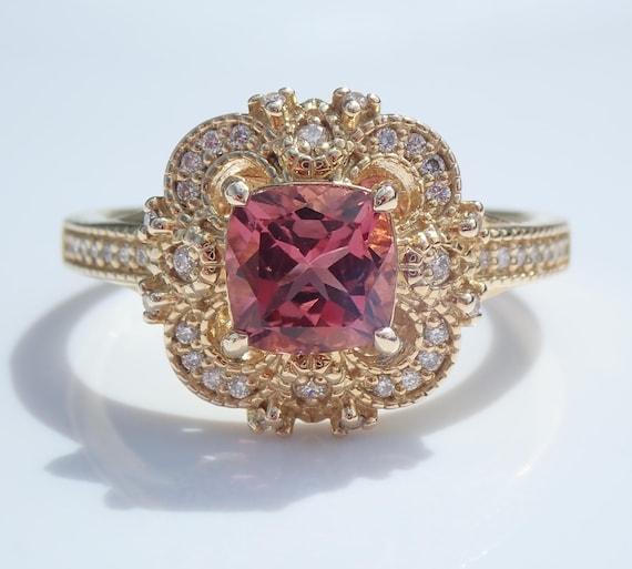 Pink Tourmaline and Diamond Ring - 14K Yellow Gold Halo Engagement Setting - October Gemstone Jewelry Gift