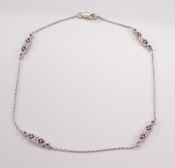14K White Gold Diamond Station Anklet - Dainty Layering Fine Jewelry Bracelet - Unique Bridal Wedding Day Gift
