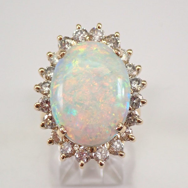 Vintage Antique 14K Yellow Gold Opal and Diamond Halo Engagement Ring Size 9
