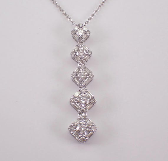 14K White Gold Diamond Pendant and Chain - Long Dangle Lariat Charm Necklace - Unique Bridal Fine Jewelry Gift