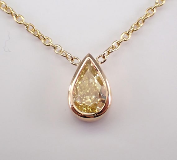 14K Yellow Gold Canary Diamond Necklace - 1.23ct Diamond Solitaire Pendant and Chain - Station Teardrop Fine Jewelry Gift