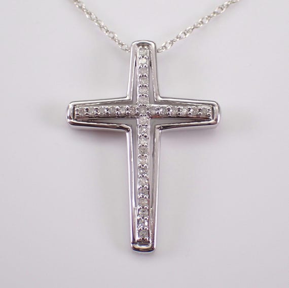 White Gold Diamond Cross Pendant and Chain, Simple Religious Fine Jewelry Charm Necklace, Birthday Graduation Gift