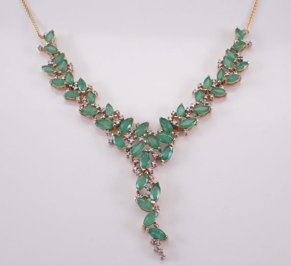 14K Yellow Gold Emerald Necklace - Diamond V Lariat Station Chain - May Birthstone Pendant  Jewelry Gift