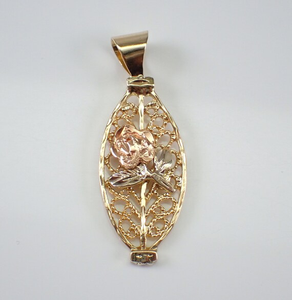 Vintage 14K Gold Rose Flower Charm - Floral Estate Filigree Pendant for Necklace or Bracelet - Tri Color Gold Slide Drop