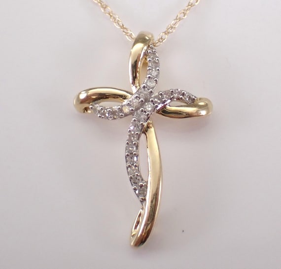 Yellow Gold Diamond Cross Pendant, Dainty Religious Charm Necklace, Unique Little Crucifix Drop and Chain