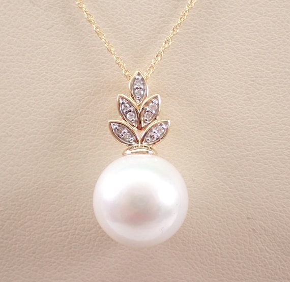 Pearl and Diamond Pendant and Chain - 14K Yellow Gold Charm Choker Necklace - Nature Inspired Leaf June Birthstone  Gift