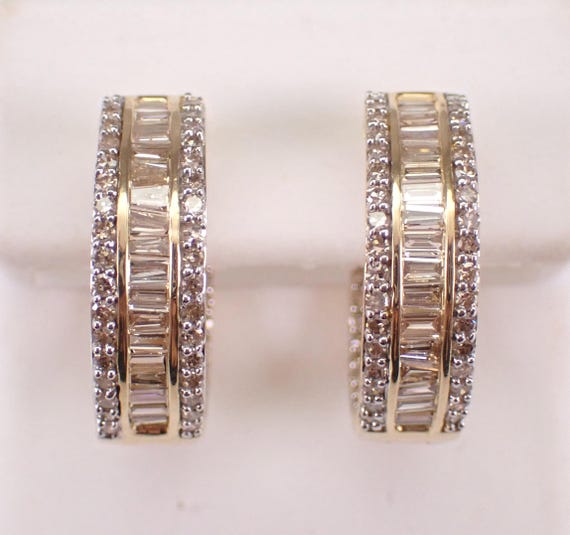 14K Yellow Gold Diamond Hoop Earrings: Multi Row Baguette Huggie Hoops