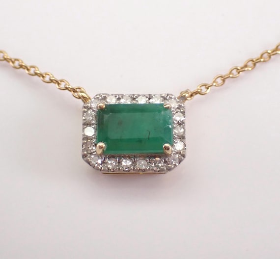 Yellow Gold Emerald and Diamond Necklace: Dainty Halo Station Pendant and Chain