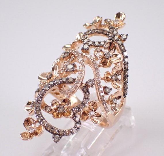 14K Rose Gold Flower Cluster Diamond Ring: Large Cognac Brown Diamond Cigar Band