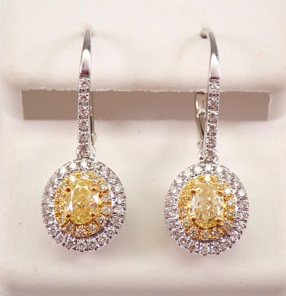 Canary Yellow Diamond Earrings - Solid 18K White Gold Fancy Dangle Leverback - Unique Halo Fine Jewelry Gift