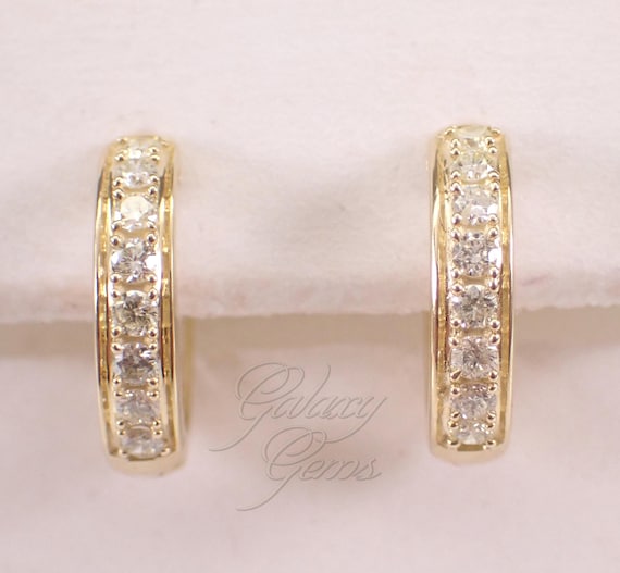 14K Yellow Gold Diamond Hoop Earrings Huggies