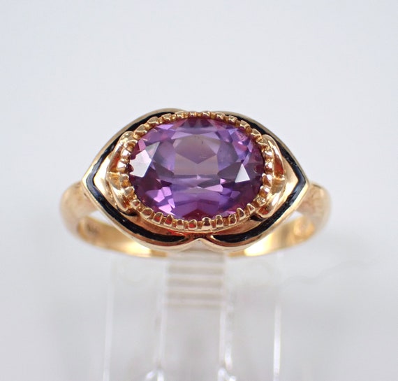 Vintage Alexandrite and Enamel Ring - Antique Yellow Gold Solitaire Setting - 50s Unique Fine Jewelry Gift