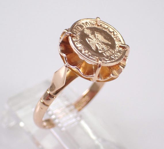 Vintage 14K Yellow Gold Coin Ring - Unique Mexican Peso Buttercup Setting - Estate Fine Jewelry Gift