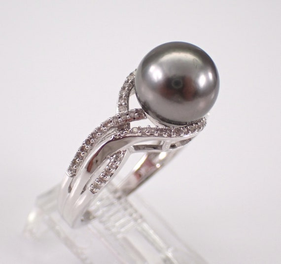Black Tahitian Pearl and Diamond Ring - 14K White Gold Bridal Engagement Gift - June Gemstone Fine Jewelry